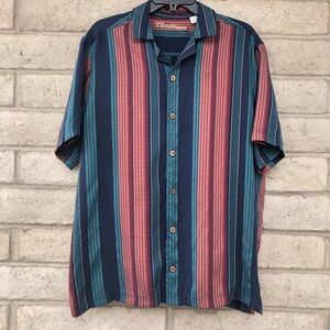 Caribbean Men's Short-Sleeve Button-Up Shirt Blue, Teal & Red Stripes